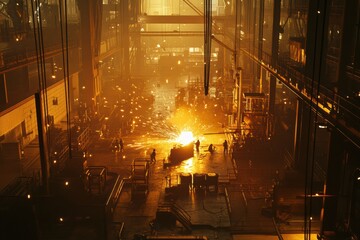 Leinwandbilder - In a large industrial workshop, workers operate welding equipment, producing bright sparks as they focus on their tasks in the evening light. Generative AI