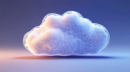 Wall Mural - a 3d rendering of a cloud icon with a wireframe structure, against a blue and orange gradient backgr