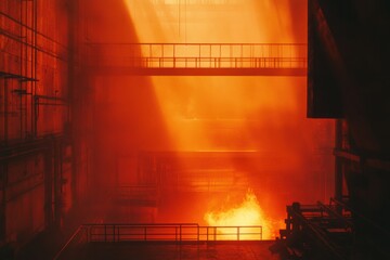 Aufkleber - An industrial furnace is actively producing molten steel, filled with flames and bright light inside a steel manufacturing facility. Generative AI
