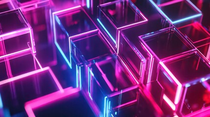 Wall Mural - 3d render, abstract futuristic background with neon geometric pattern
