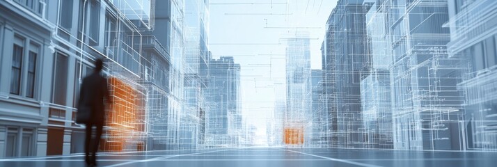 Leinwandbilder - A person walks through a modern city where buildings are interconnected by an advanced AI network, enhancing urban living. Generative AI