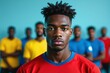 © Derek Brumby - Confident Young Male Athlete in Red Jersey with Diverse Teammates in Background