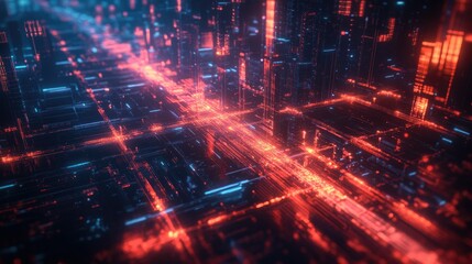 Wall Mural - Futuristic city with glowing digital roads and buildings.
