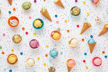 Wall Mural - Colorful ice cream scoops in bowls and waffle cones arranged with sprinkles on a bright white background for a festive dessert display