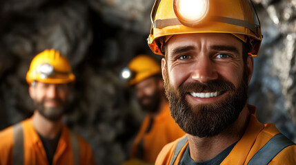 Smiling miner wearing helmet in underground mine with colleagues