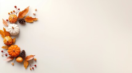 Wall Mural - A warm depiction of Thanksgiving decorations with a wreath of fall foliage, small gourds, and natural wooden accents on a neutral backdrop.