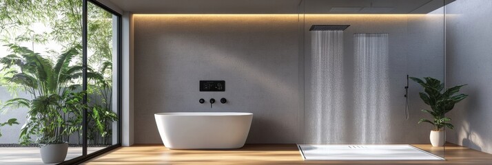Aufkleber - This stylish bathroom showcases a smart shower with touch controls and a freestanding tub surrounded by greenery and natural light. Generative AI