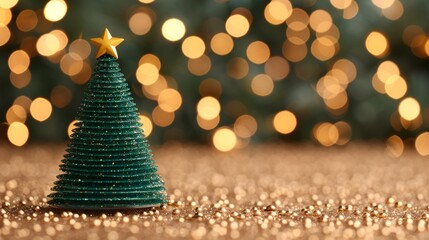 Wall Mural - miniature christmas tree with golden bokeh background.