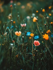 Poster - A variety of colorful flowers dot the green meadow, bringing life and vibrancy to the landscape under the warm sun. Generative AI