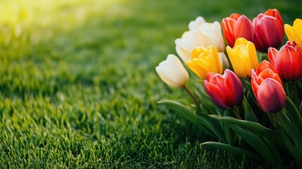 Poster - Brightly colored tulips flourish in a green meadow, soaking up the warm sunlight on a beautiful spring day, enhancing the cheerful landscape. Generative AI