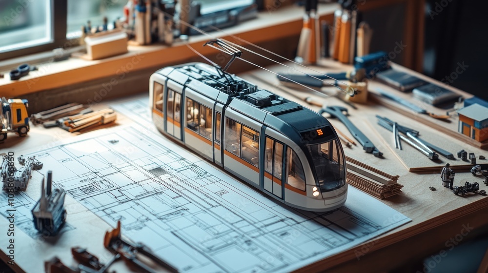 Workspace table with an electric tram model surrounded by transport ...