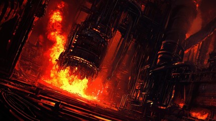 Aufkleber - A large industrial furnace emits bright flames and molten steel at a steel manufacturing facility, showcasing the heat and production process. Generative AI