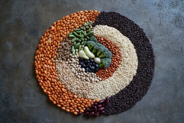 Poster - A vibrant and artistic display of fresh vegetables, grains, and legumes arranged in a circular pattern to promote healthy eating habits. Generative AI