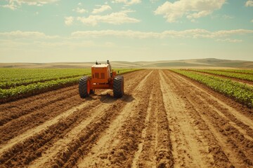 Aufkleber - Robotic machines work diligently on a large farm, planting and harvesting crops under a clear blue sky with abundant sunlight. Generative AI