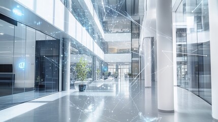 Wall Mural - A cutting-edge AI-powered smart building occupancy management system, modern office building with technology for monitoring and optimizing space usage and occupancy levels, Occupancy Management style