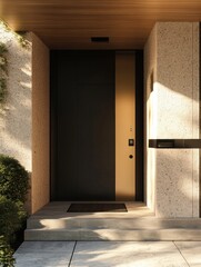 Poster - This sleek home entrance highlights cutting-edge security technology, including cameras, sensors, and a fingerprint lock for safety. Generative AI