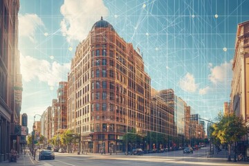 Fototapete - Modern architecture shines as buildings are linked through an innovative AI network, showcasing a smart city environment. Generative AI