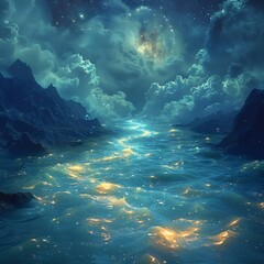 Wall Mural - Glowing river flows between dark mountains under a starry night sky.