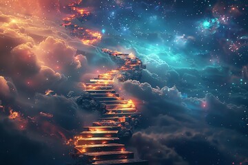 Wall Mural - Glowing staircase ascends through celestial clouds and nebulae, symbolizing ascension or a journey to the heavens.