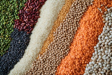 Poster - A colorful display of fresh vegetables, grains, and legumes showcases a variety of textures and colors, emphasizing healthy eating. Generative AI