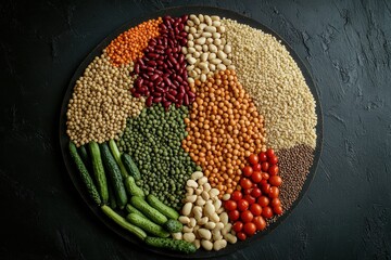 Aufkleber - Fresh veggies, grains, and legumes are artfully arranged by color and texture for a visually appealing, nutritious feast. Generative AI