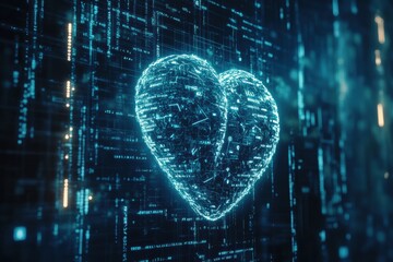 Aufkleber - The heart is depicted as a glowing digital structure, with intricate code surrounding it, representing a fusion of biology and technology. Generative AI