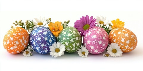 Aufkleber - Colorful Easter eggs adorned with lovely flowers on a white background.