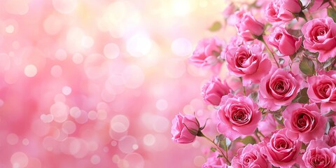 Fototapete - Border of pink rose flowers on a pink bokeh background featuring happy Valentine's Day greetings.