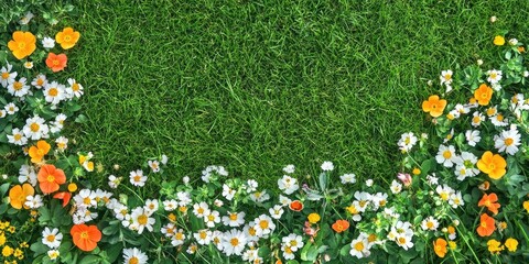 Sticker - Spring flower border background, top view, grass copyspace.