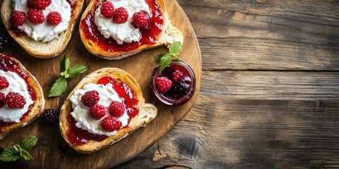 Aufkleber - Home breakfast toasts featuring goat cheese and berry jam on a wooden table. Horizontal top view. Copy space.