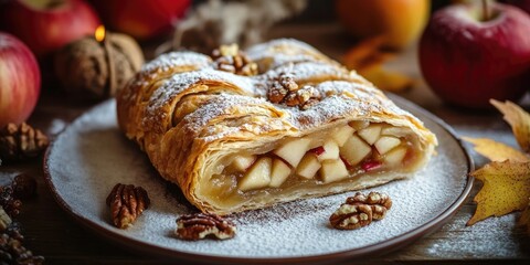 Poster - Tasty strudel with apples, nuts, and powdered sugar on the table, close-up. Room for text.