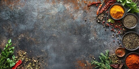 Canvas Print - Different spices and herbs are arranged on a stone table. Top view with space for your text.