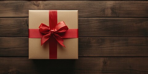 Aufkleber - Gift box made of craft paper with a red bow on a close-up of a brown brushed wooden background.