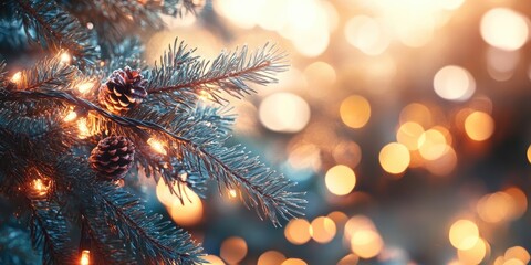 Wall Mural - Decorative lights and a fir tree branch - Christmas decoration. New Year and Christmas theme. Selective focus. Shallow depth of field. Toned.