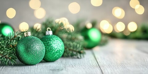 Leinwandbilder - Green Christmas tree ornaments on a light wooden surface. Blurred lights from a garland. Getting ready for the New Year. Christmas backdrop with copyspace.