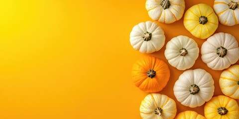 Poster - White and yellow pumpkins are arranged on a brown or yellow background, reflecting a Thanksgiving and Halloween theme, top view, copy space.