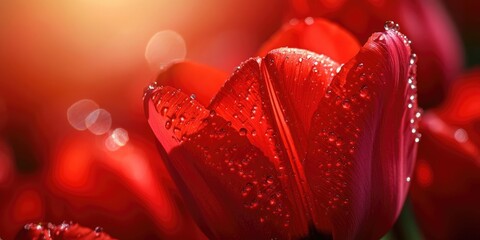 Aufkleber - Red tulips illuminated by spring sunlight, with dew drops on the red petals. Close-up of a red tulip. Soft, selective focus.
