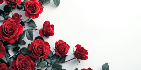 Fototapete - Beautiful red roses set against a white background with room for text.