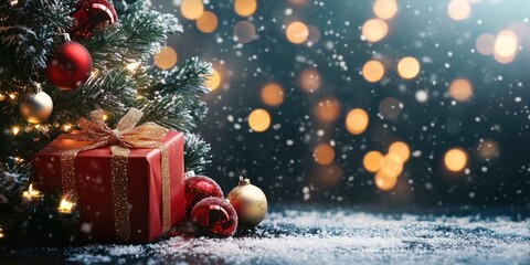 Poster - Christmas backdrop featuring a gift and decorations on the Christmas tree.