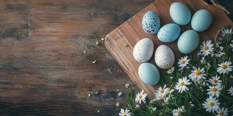 Aufkleber - Tulis and eggs on a rustic wooden board as an Easter card idea with copyspace.