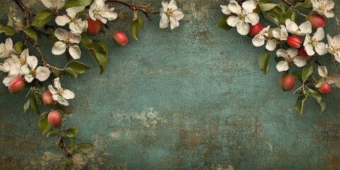 Aufkleber - Textured vintage paper backdrop featuring apple blossoms.