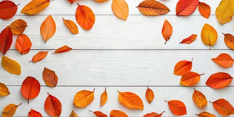 Sticker - A vibrant background image featuring fallen autumn leaves on a white wooden table-like surface. Top view, copy space.