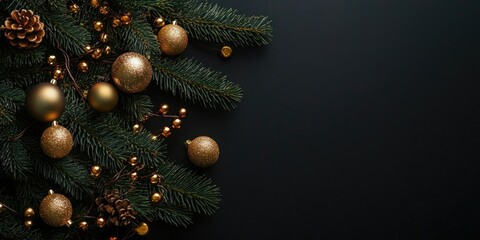 Aufkleber - A decorative branch of a Christmas tree adorned with New Year's ornaments and a garland against a black background. Christmas and New Year theme. Flat lay, top view, broad composition. Copy space.