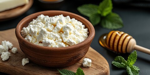 Canvas Print - Cottage cheese in a clay bowl alongside honey on wooden boards. Sour cream is in a wooden spoon. Dairy items and honey set against a dark background. Fresh mint and soft cheese for breakfast.