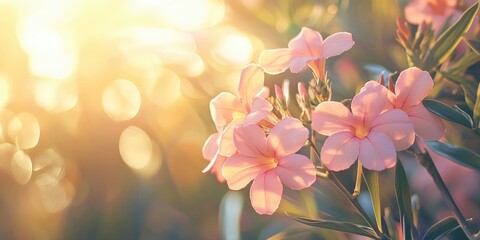 Poster - Pink oleander flowers in the park with bokeh effects in the sunset light. Background, copy space.