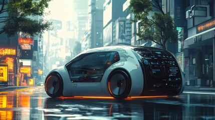 Leinwandbilder - A self-driving car moves smoothly along city streets, showcasing its onboard AI technology in a modern urban landscape. Generative AI