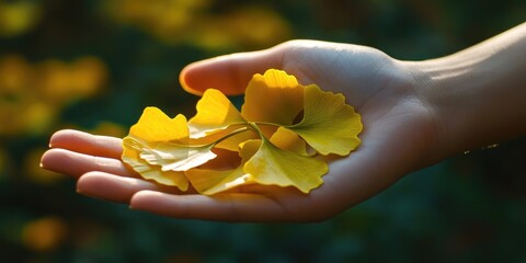 Poster - Ginkgo leaves rest on the hand.