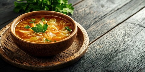 Aufkleber - Braised cabbage soup in a bowl placed on a wooden plate on the floor. Copy space for text.