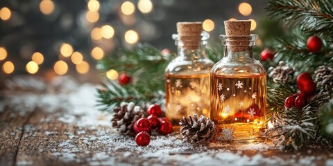 Leinwandbilder - Christmas branch and small decorated bottles in the background