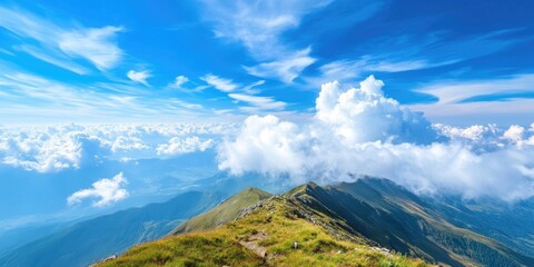 Poster - Summer view from mountain summit looking at the blue sky with clouds below.